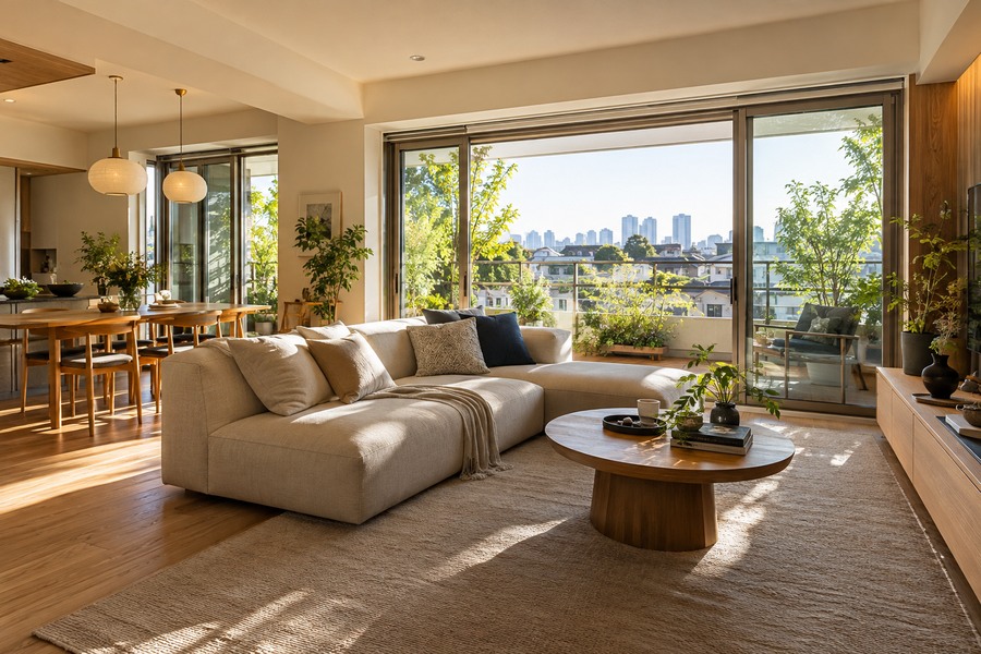 Bright contemporary Japanese apartment living room
