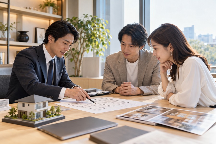 Property advisor discussing a floor plan with clients