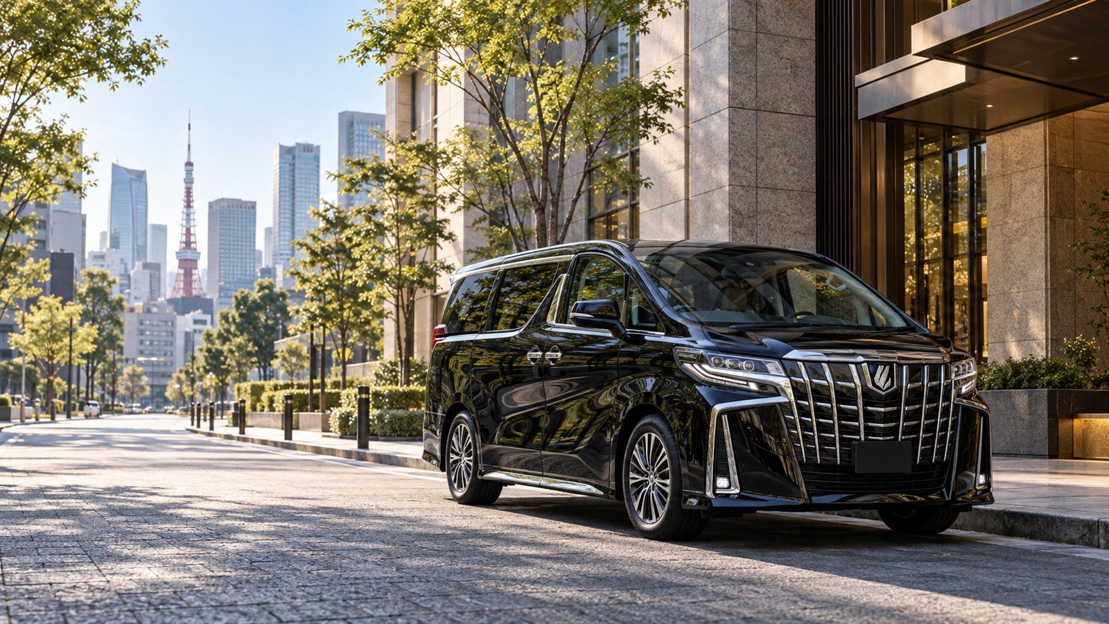 Black executive minivan on a Tokyo avenue