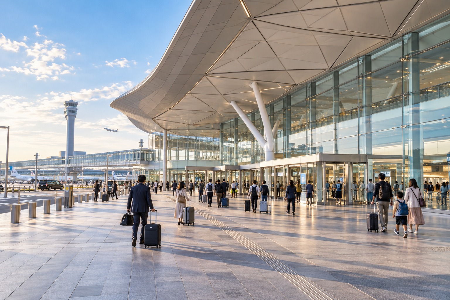Travelers entering and leaving an airport terminal